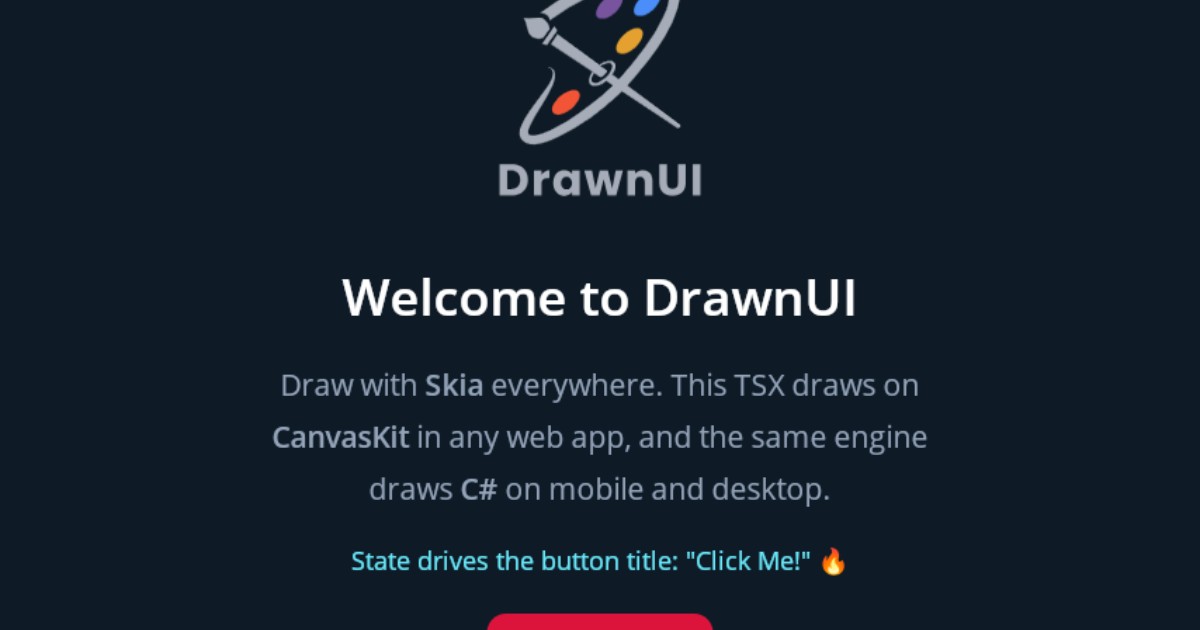 Start here: a counter in TSX, drawn by DrawnUi.React on the same engine the C# snippets use.